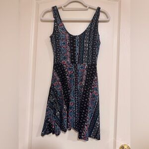 Black, red, white and teal patterned dress